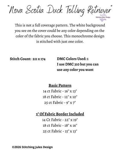Stitching Jules Design Cross Stitch Pattern Nova Scotia Duck Tolling Retriever Dog Breed Monochrome Counted Cross-Stitch Pattern (Digital Download)