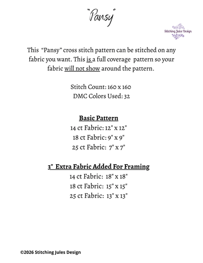 Stitching Jules Design Cross Stitch Pattern Pansy Winter Flower Full Coverage Counted Cross-Stitch Pattern (Digital Download)