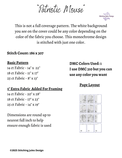 Stitching Jules Design Cross Stitch Pattern Patriotic Mouse USA United States America Animal Monochrome Blackwork Counted Cross Stitch Pattern Digital Download