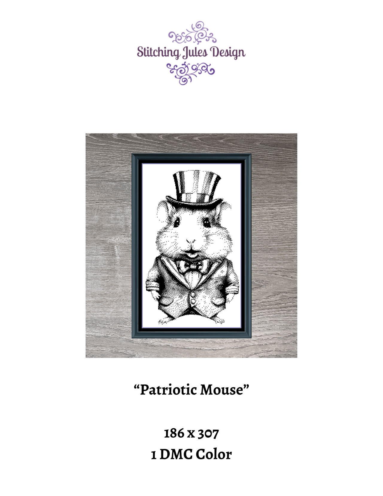 Stitching Jules Design Cross Stitch Pattern Patriotic Mouse USA United States America Animal Monochrome Blackwork Counted Cross Stitch Pattern Digital Download