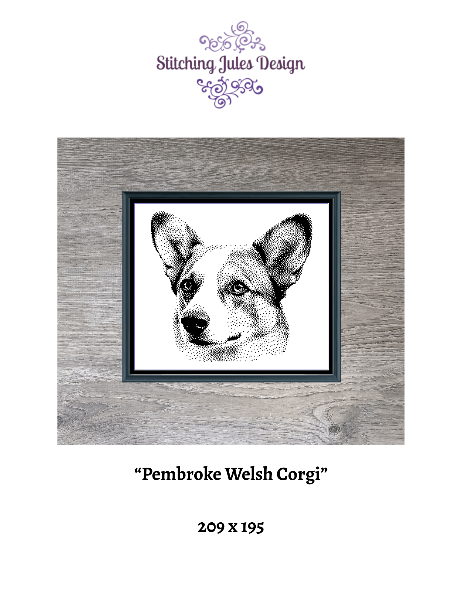 Stitching Jules Design Cross Stitch Pattern Pembroke Welsh Corgi Dog Breed Monochrome Counted Cross-Stitch Pattern (Digital Download)