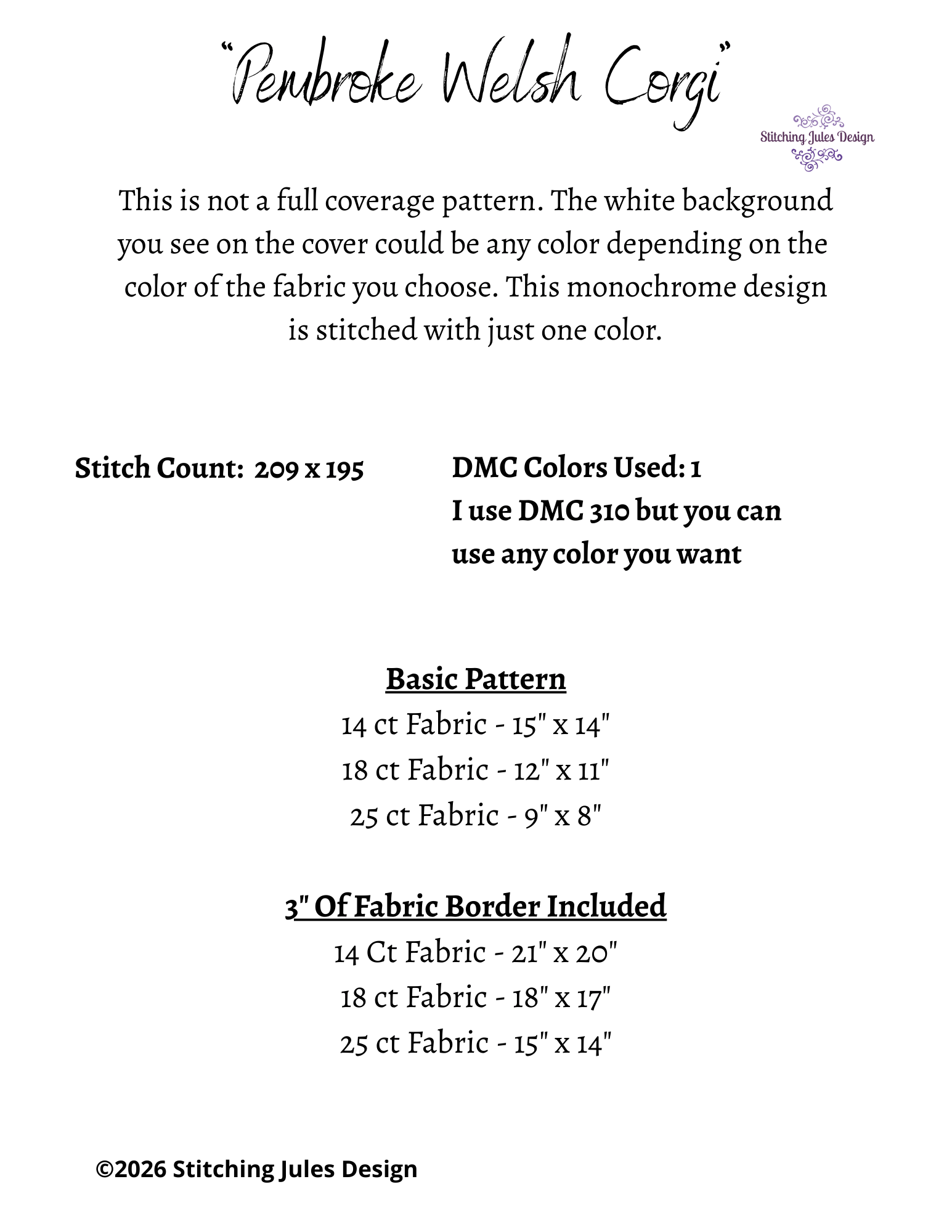 Stitching Jules Design Cross Stitch Pattern Pembroke Welsh Corgi Dog Breed Monochrome Counted Cross-Stitch Pattern (Digital Download)