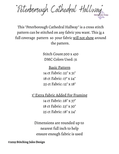 Stitching Jules Design Cross Stitch Pattern Peterborough Cathedral Hallway Full Coverage Large Counted Cross-Stitch Pattern (Digital Download)