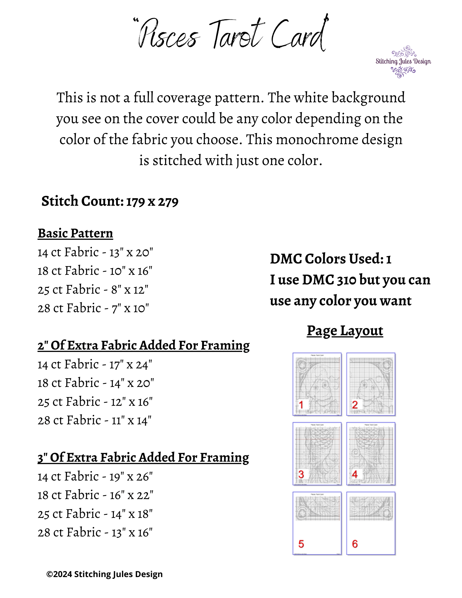Stitching Jules Design Cross Stitch Pattern Pisces Tarot Card Monochrome