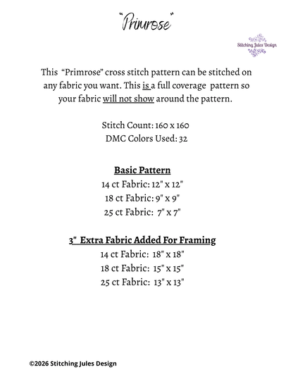 Stitching Jules Design Cross Stitch Pattern Primrose Winter Flower Full Coverage Counted Cross-Stitch Pattern (Digital Download)