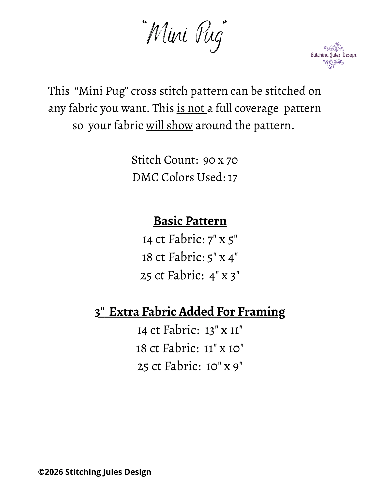 Stitching Jules Design Cross Stitch Pattern Pug Dog Breed Mini Counted Cross-Stitch Pattern (Digital Download)