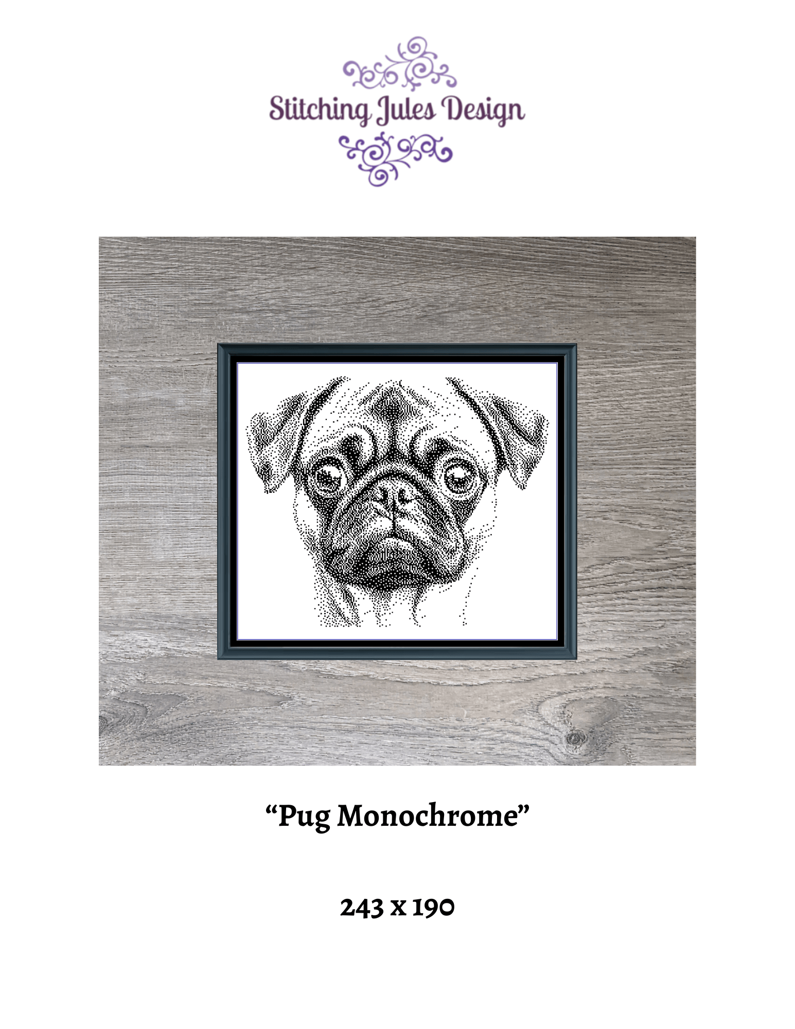 Stitching Jules Design Cross Stitch Pattern Pug Dog Breed Monochrome Counted Cross-Stitch Pattern (Digital Download)
