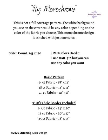 Stitching Jules Design Cross Stitch Pattern Pug Dog Breed Monochrome Counted Cross-Stitch Pattern (Digital Download)