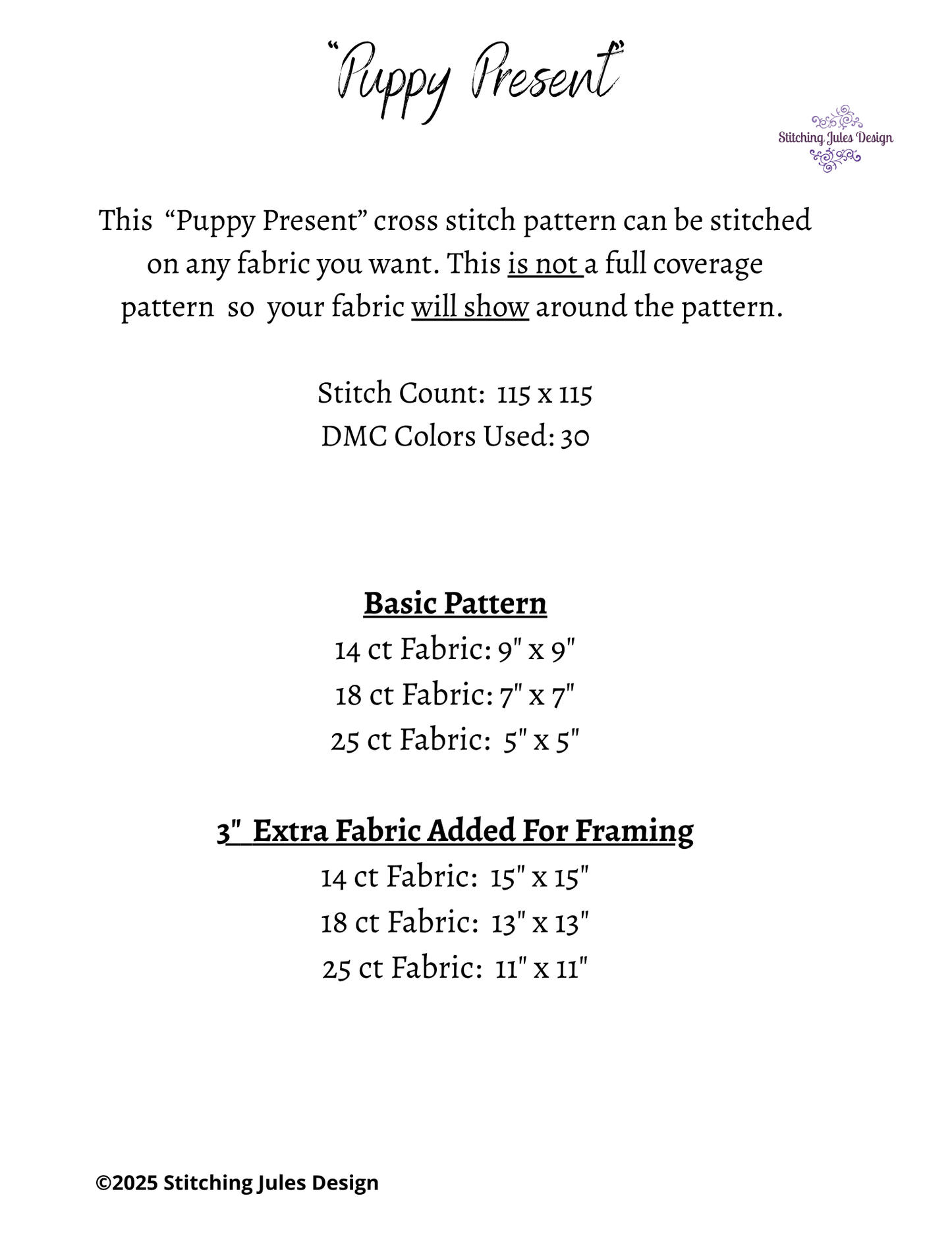 Stitching Jules Design Cross Stitch Pattern Puppy Christmas Xmas Present Dog Breed Counted Cross-Stitch Pattern