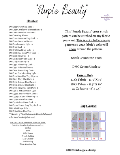Stitching Jules Design Cross Stitch Pattern Purple Flower Rose Watercolor Cross Stitch Embroidery Needlepoint Pattern Instant PDF Download Pattern Keeper Ready