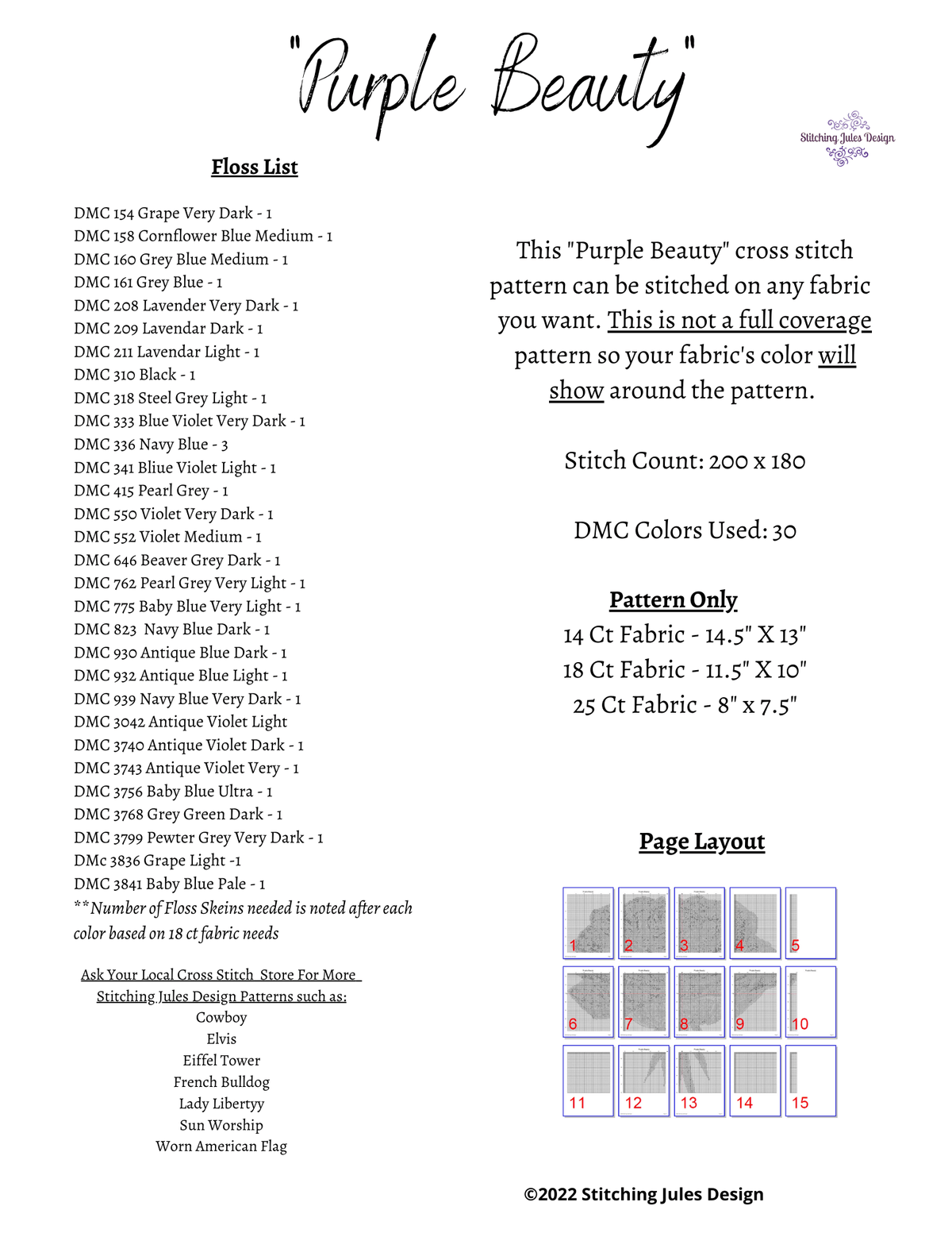 Stitching Jules Design Cross Stitch Pattern Purple Flower Rose Watercolor Cross Stitch Embroidery Needlepoint Pattern Instant PDF Download Pattern Keeper Ready