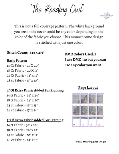 Stitching Jules Design Cross Stitch Pattern Reading Owl Cross Stitch Pattern | Book Cross Stitch Pattern | Blackwork | Instant PDF Download And Physical Pattern Options