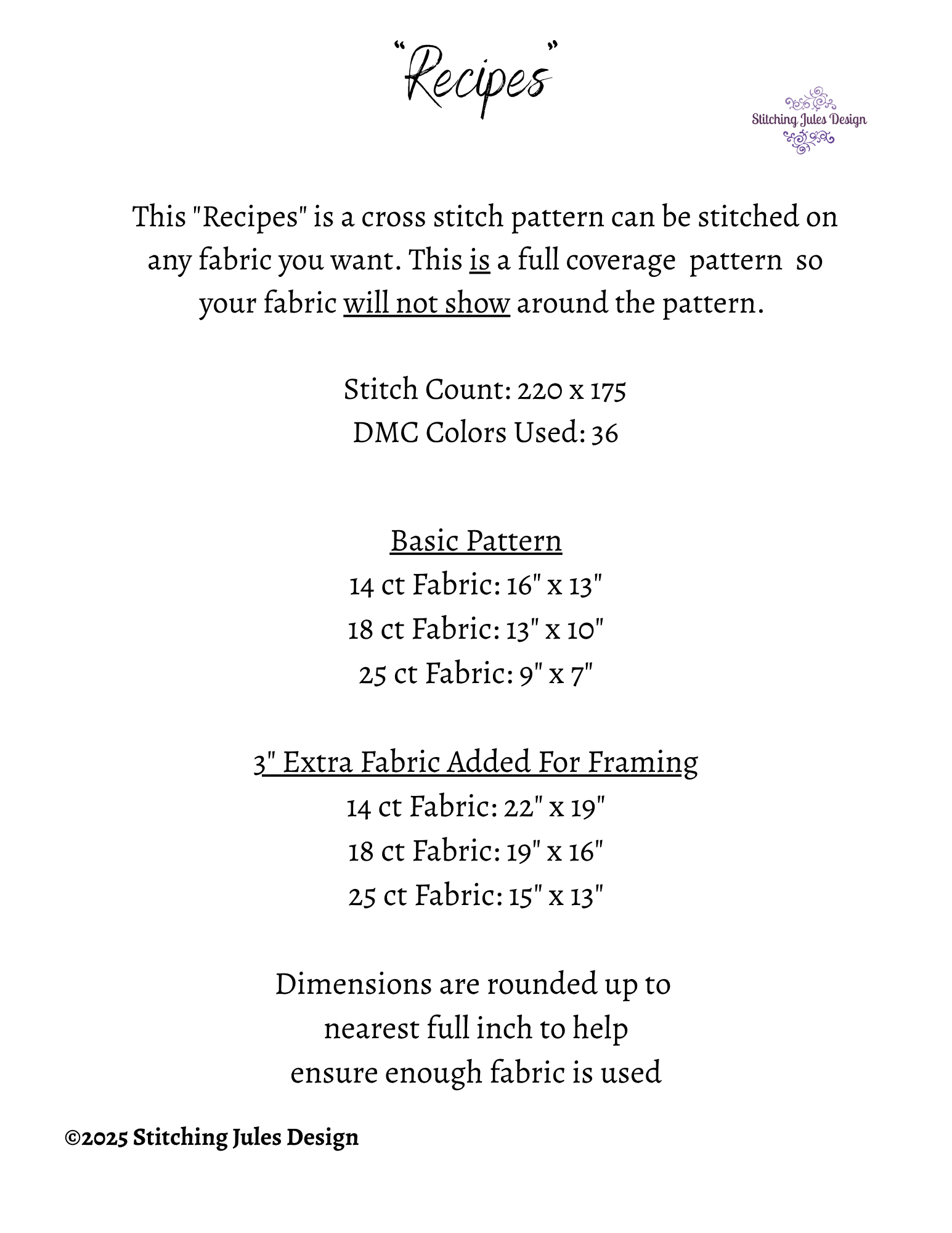 Stitching Jules Design Cross Stitch Pattern Recipes Cooking Kitchen Full Coverage Counted Cross-Stitch Pattern (Digital Download)