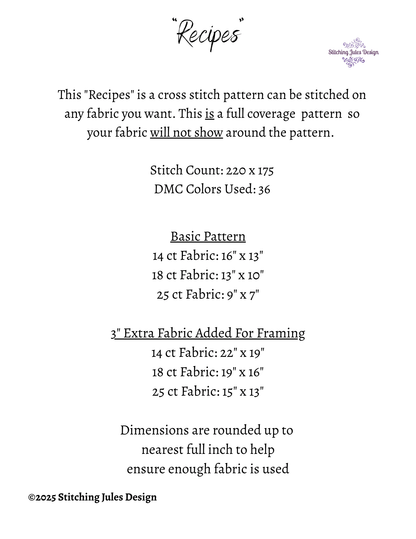 Stitching Jules Design Cross Stitch Pattern Recipes Cooking Kitchen Full Coverage Counted Cross-Stitch Pattern (Digital Download)