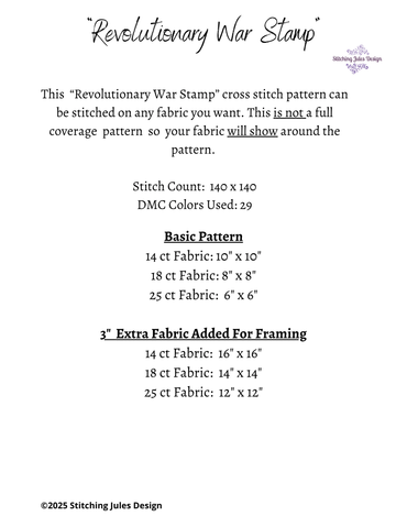 Stitching Jules Design Cross Stitch Pattern Revolutionary War Stamp Military America Counted Cross Stitch Pattern Digital Download