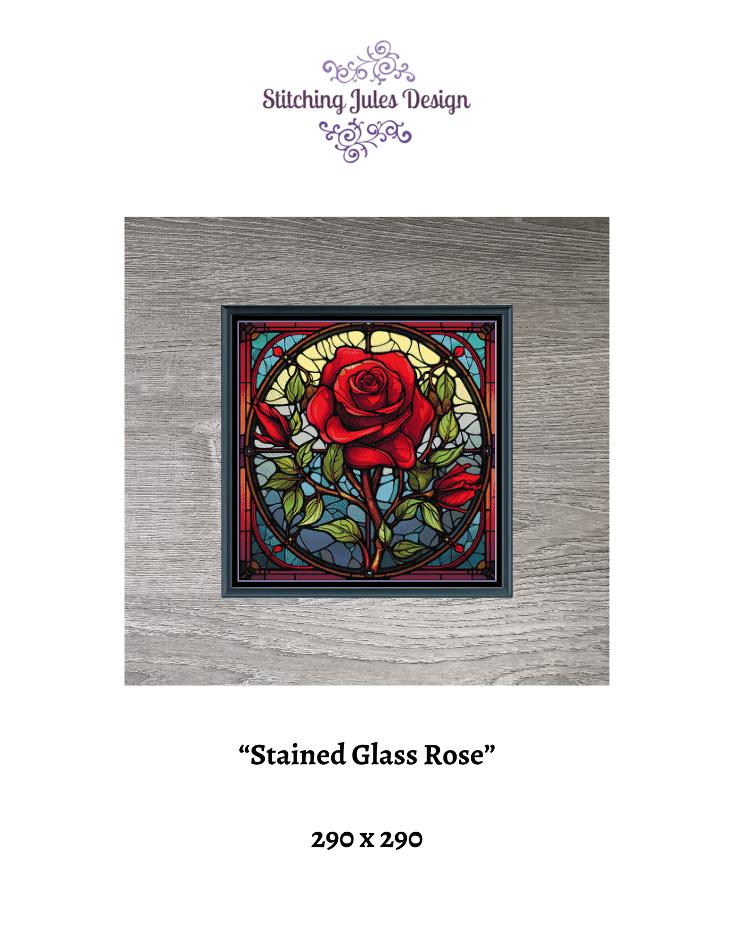 Stitching Jules Design Cross Stitch Pattern Rose Flower Floral Stained Glass Full Coverage Counted Cross Stitch Pattern Digital Download