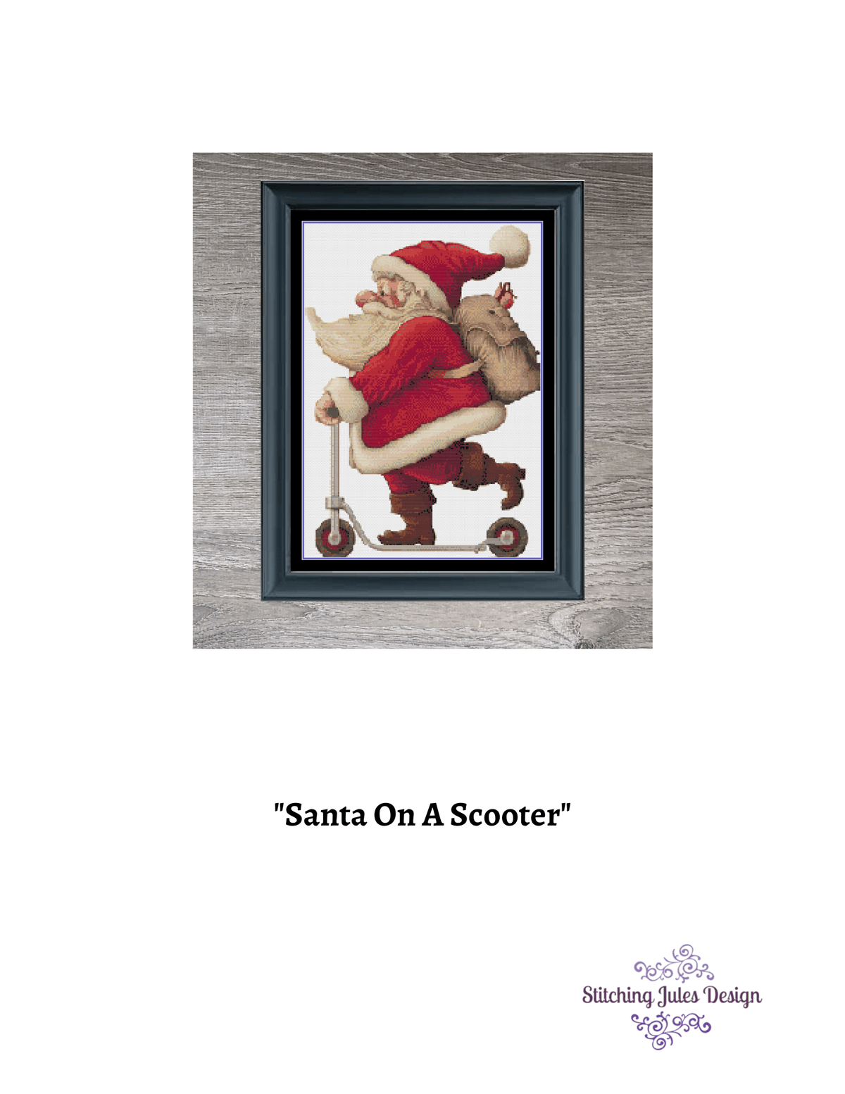 Stitching Jules Design Cross Stitch Pattern Santa Claus On Scooter Christmas Funny Cross Stitch Embroidery Needlepoint Pattern PDF Download - Ready For Pattern Keeper