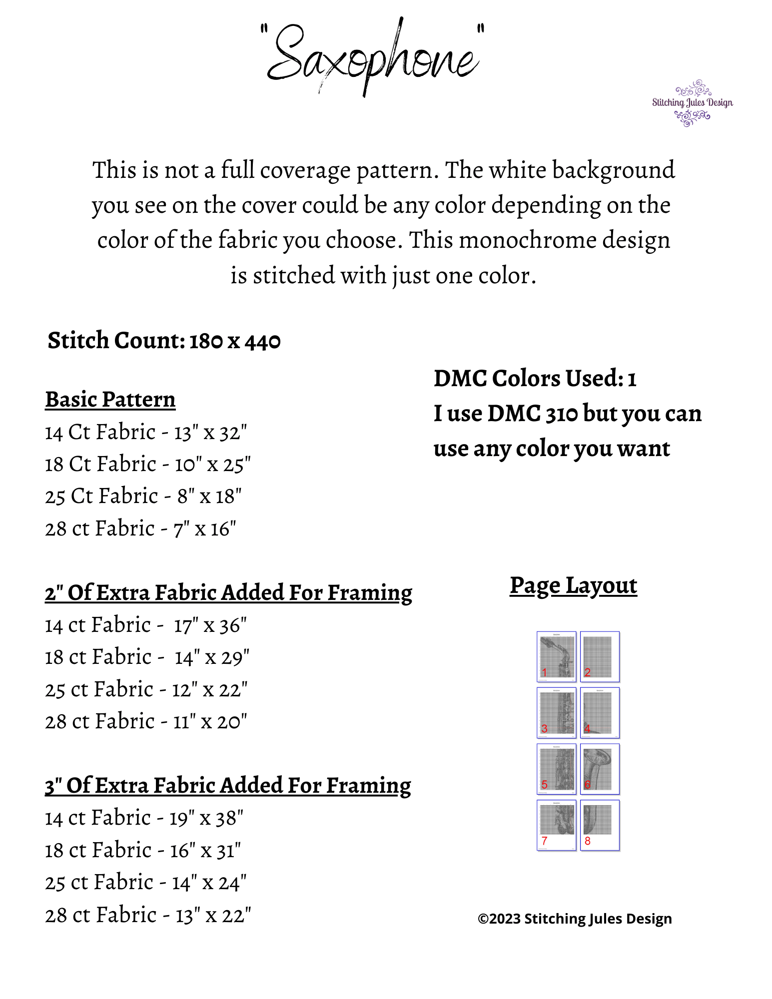 Stitching Jules Design Cross Stitch Pattern Saxophone Cross Stitch Pattern | Musical Instrument Cross Stitch Pattern | Blackwork | Instant PDF Download And Physical Pattern Options