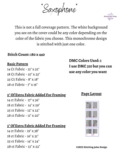 Stitching Jules Design Cross Stitch Pattern Saxophone Cross Stitch Pattern | Musical Instrument Cross Stitch Pattern | Blackwork | Instant PDF Download And Physical Pattern Options