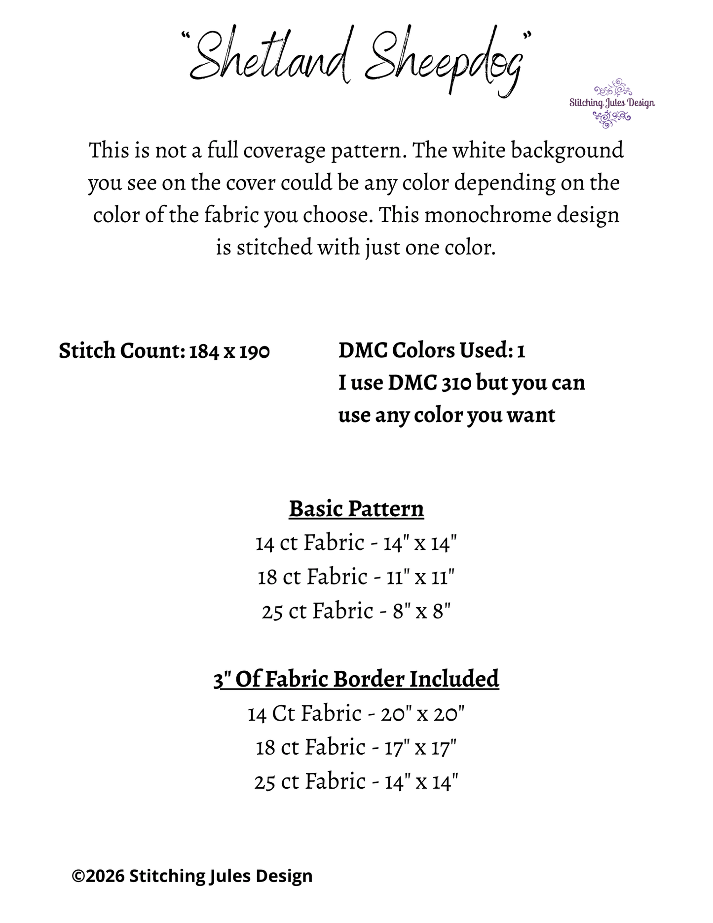 Stitching Jules Design Cross Stitch Pattern Shetland Sheepdog Sheltie Dog Breed Monochrome Counted Cross-Stitch Pattern (Digital Download)