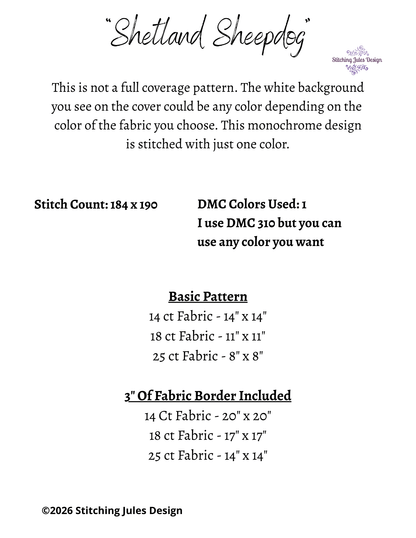 Stitching Jules Design Cross Stitch Pattern Shetland Sheepdog Sheltie Dog Breed Monochrome Counted Cross-Stitch Pattern (Digital Download)