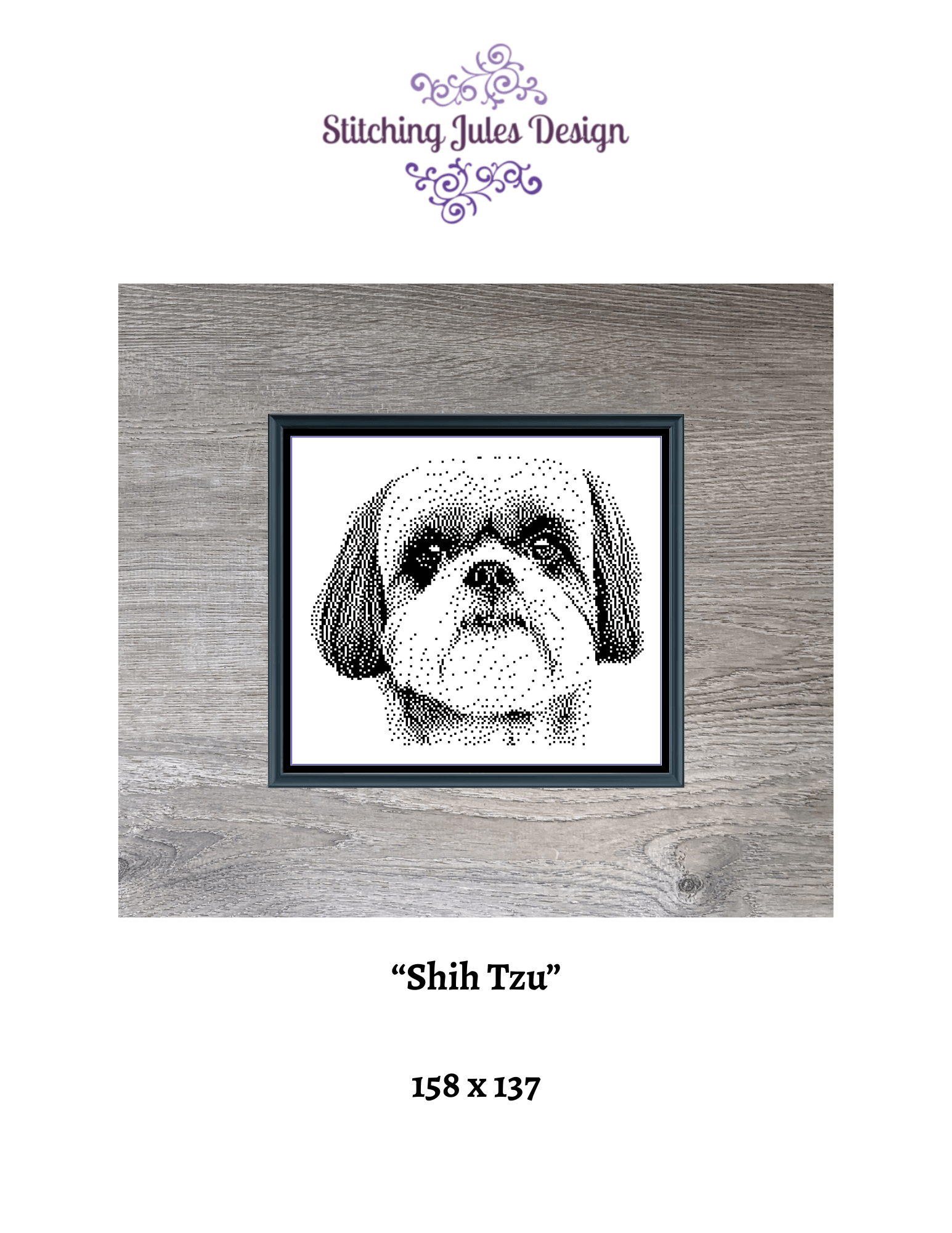 Stitching Jules Design Cross Stitch Pattern Shih Tzu Dog Breed Monochrome Counted Cross-Stitch Pattern (Digital Download)