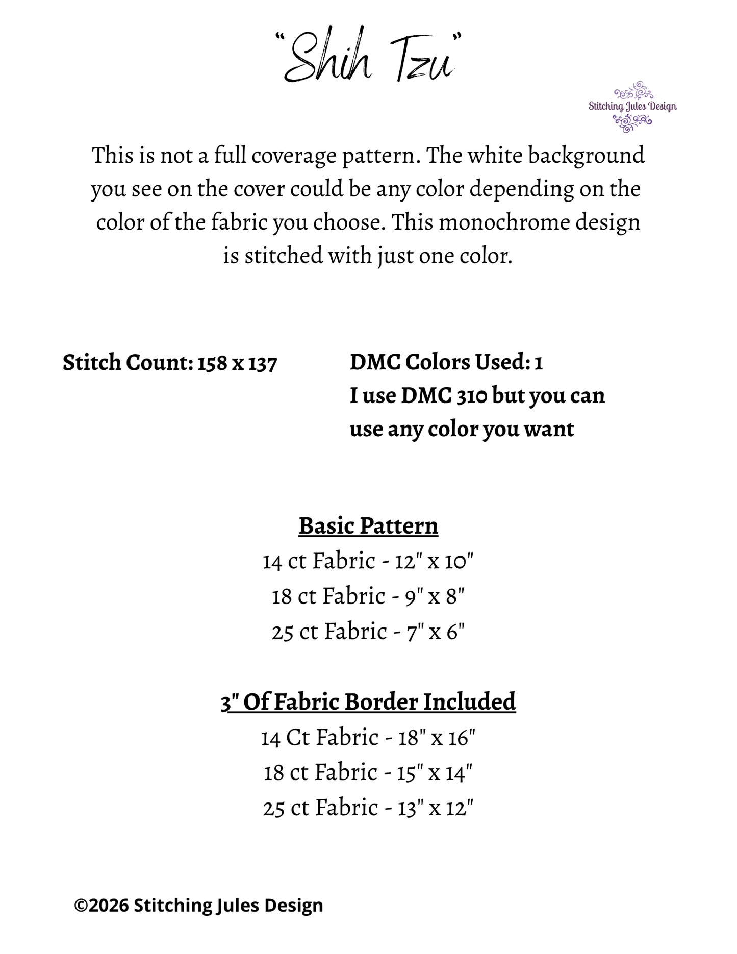 Stitching Jules Design Cross Stitch Pattern Shih Tzu Dog Breed Monochrome Counted Cross-Stitch Pattern (Digital Download)
