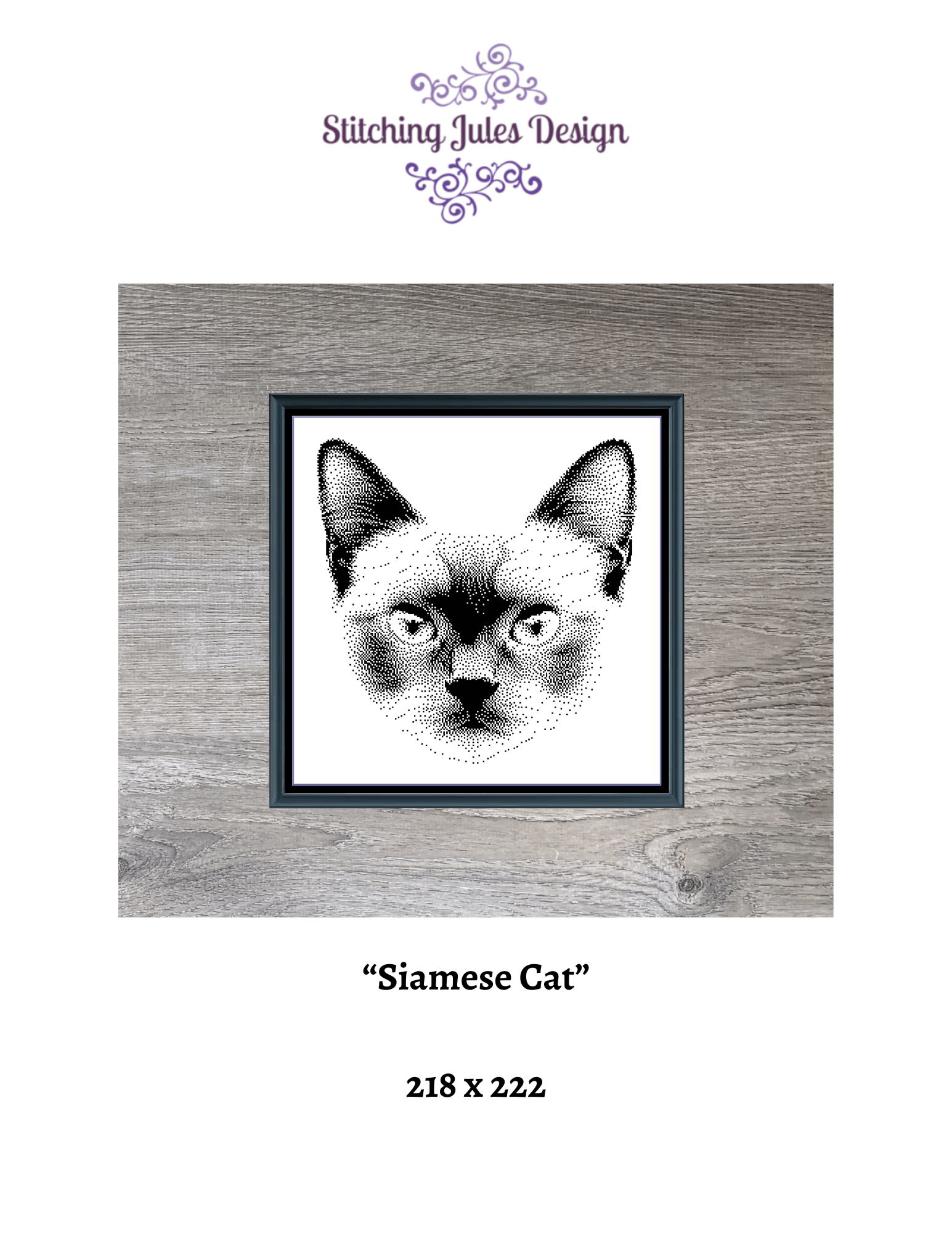 Stitching Jules Design Cross Stitch Pattern Siamese Cat Breed Monochrome Counted Cross-Stitch Pattern (Digital Download)