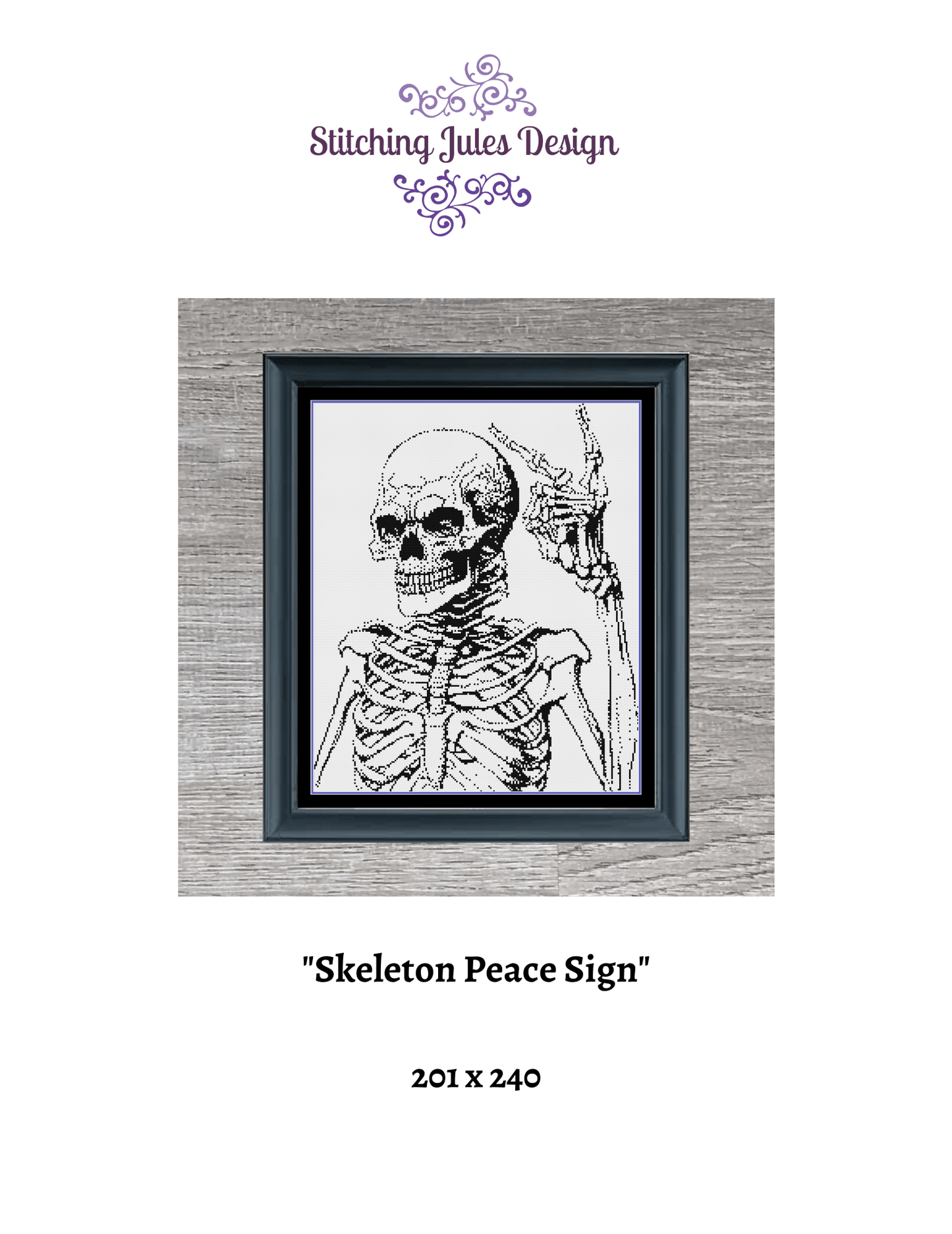 Stitching Jules Design Cross Stitch Pattern Skeleton Peace Sign Blackwork Monochrome Cross Stitch Pattern Instant Download PDF