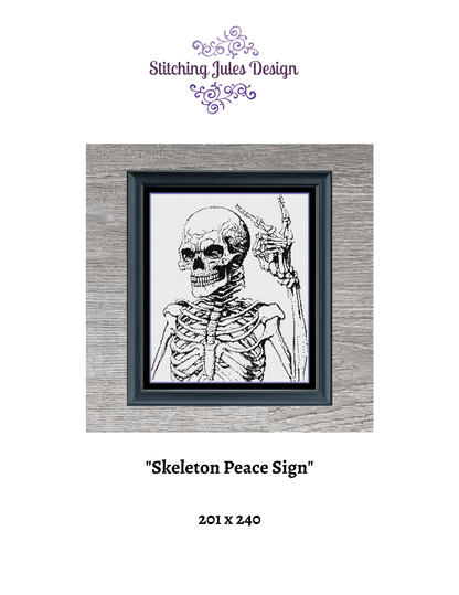Stitching Jules Design Cross Stitch Pattern Skeleton Peace Sign Blackwork Monochrome Cross Stitch Pattern Instant Download PDF