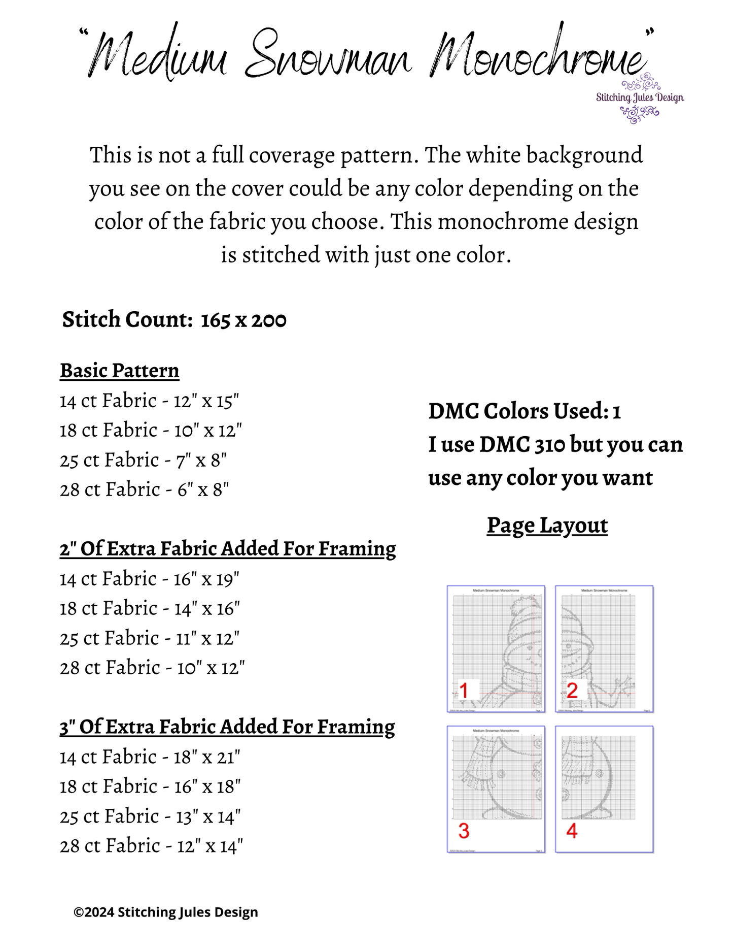 Stitching Jules Design Cross Stitch Pattern Snowman Winter Snow Medium Monochrome Counted Cross-Stitch Pattern | Instant Download PDF