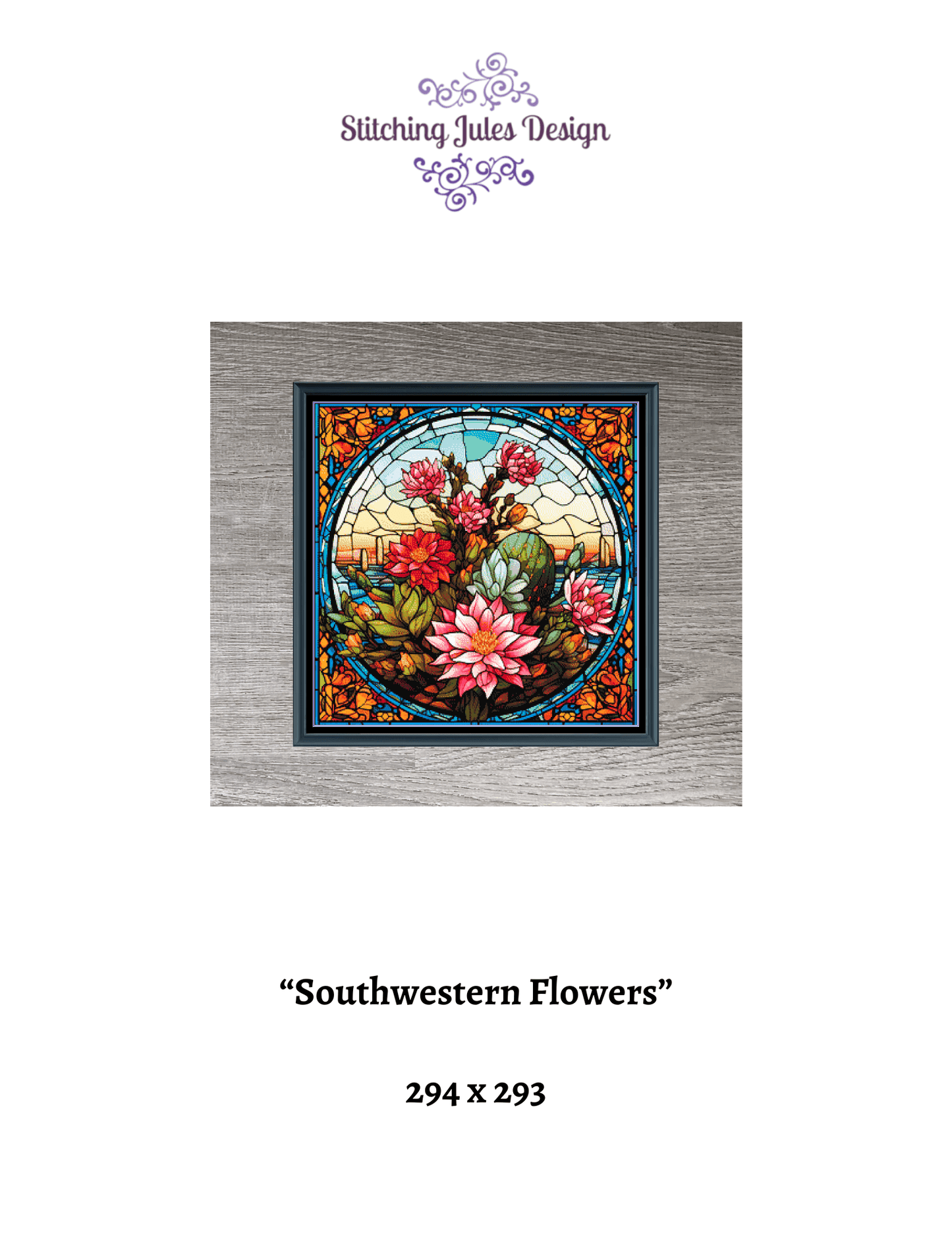 Stitching Jules Design Cross Stitch Pattern Southwestern Desert Flowers Full Coverage Stained Glass Style Counted Cross Stitch Pattern Digital Download