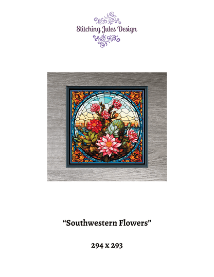 Stitching Jules Design Cross Stitch Pattern Southwestern Desert Flowers Full Coverage Stained Glass Style Counted Cross Stitch Pattern Digital Download