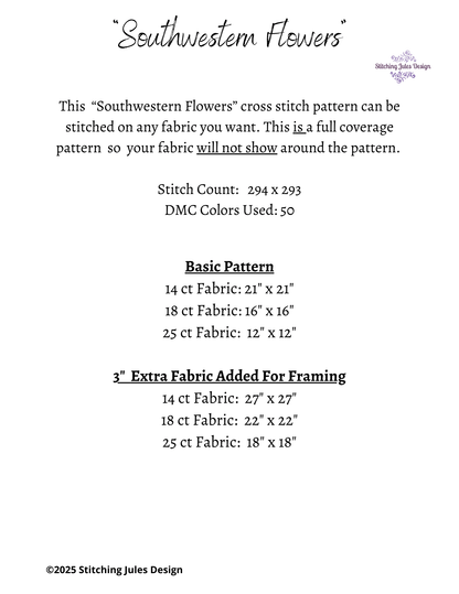 Stitching Jules Design Cross Stitch Pattern Southwestern Desert Flowers Full Coverage Stained Glass Style Counted Cross Stitch Pattern Digital Download