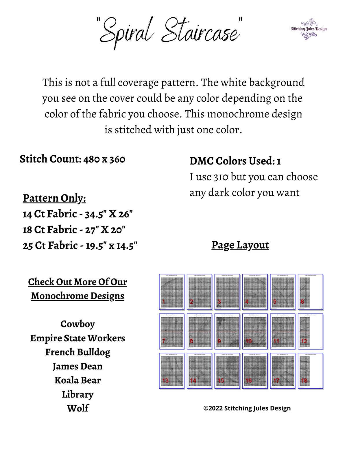 Stitching Jules Design Cross Stitch Pattern Spiral Staircase Monochrome Cross Stitch Pattern Instant PDF Download
