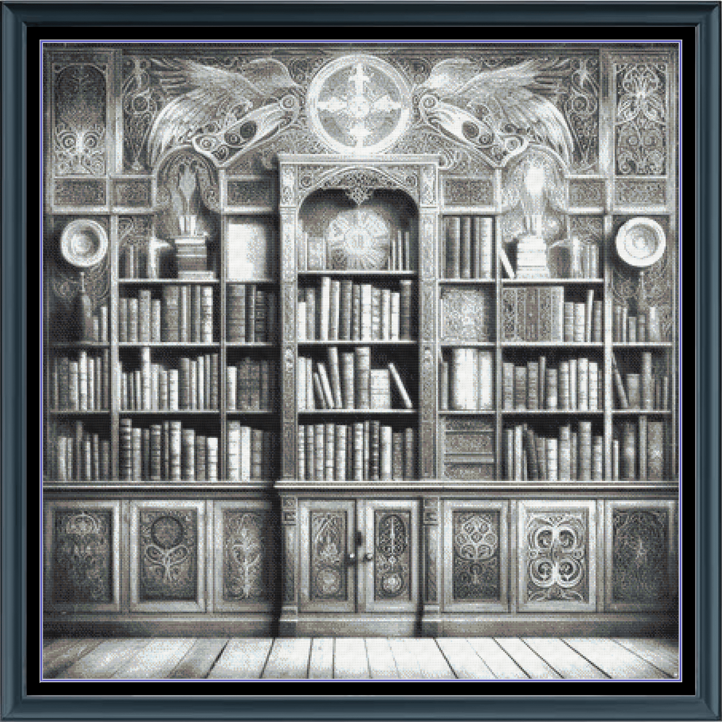 Stitching Jules Design Cross Stitch Pattern Spooky Library Vintage Greyscale Full Coverage Large Counted Cross Stitch Pattern (Digital Download)