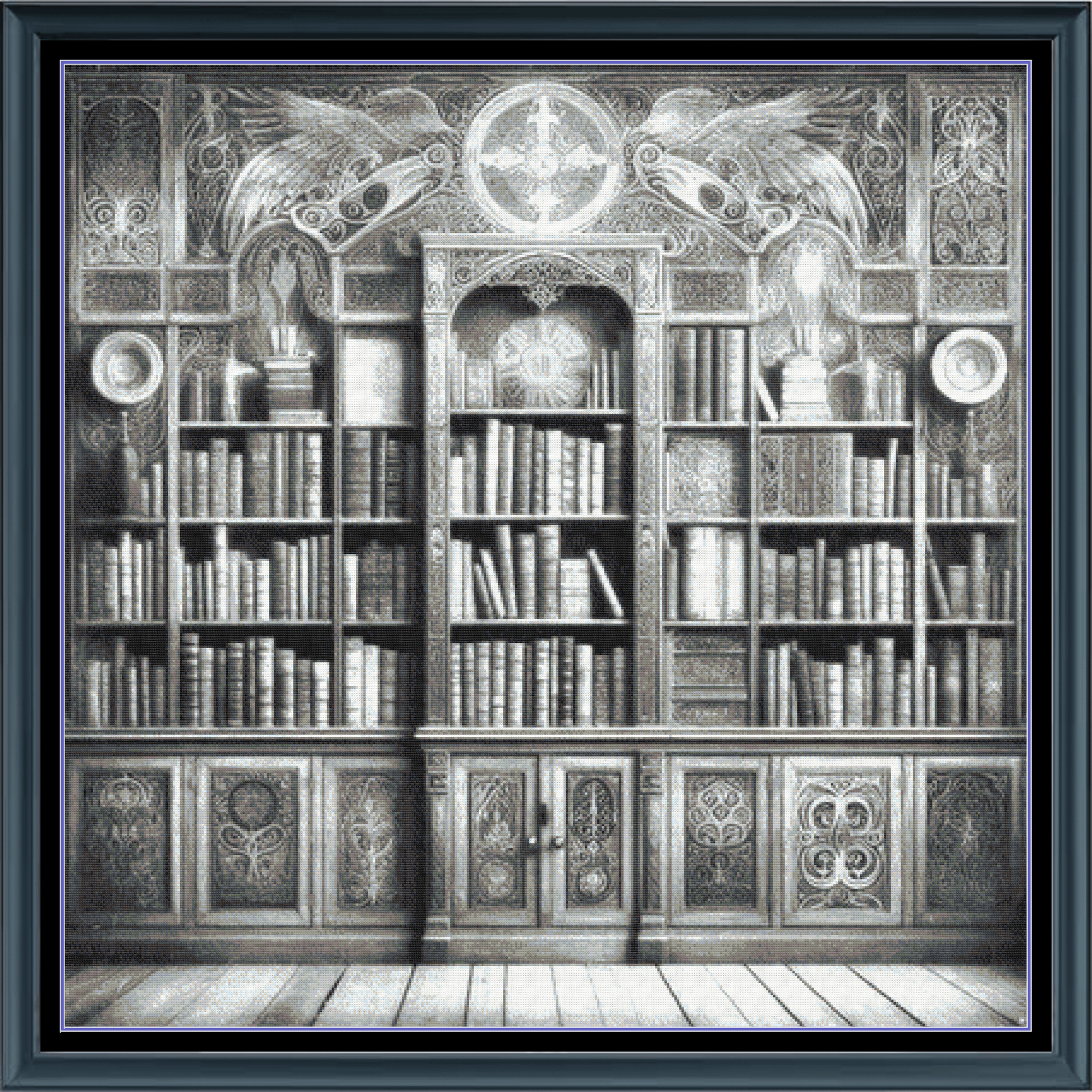 Stitching Jules Design Cross Stitch Pattern Spooky Library Vintage Greyscale Full Coverage Large Counted Cross Stitch Pattern (Digital Download)
