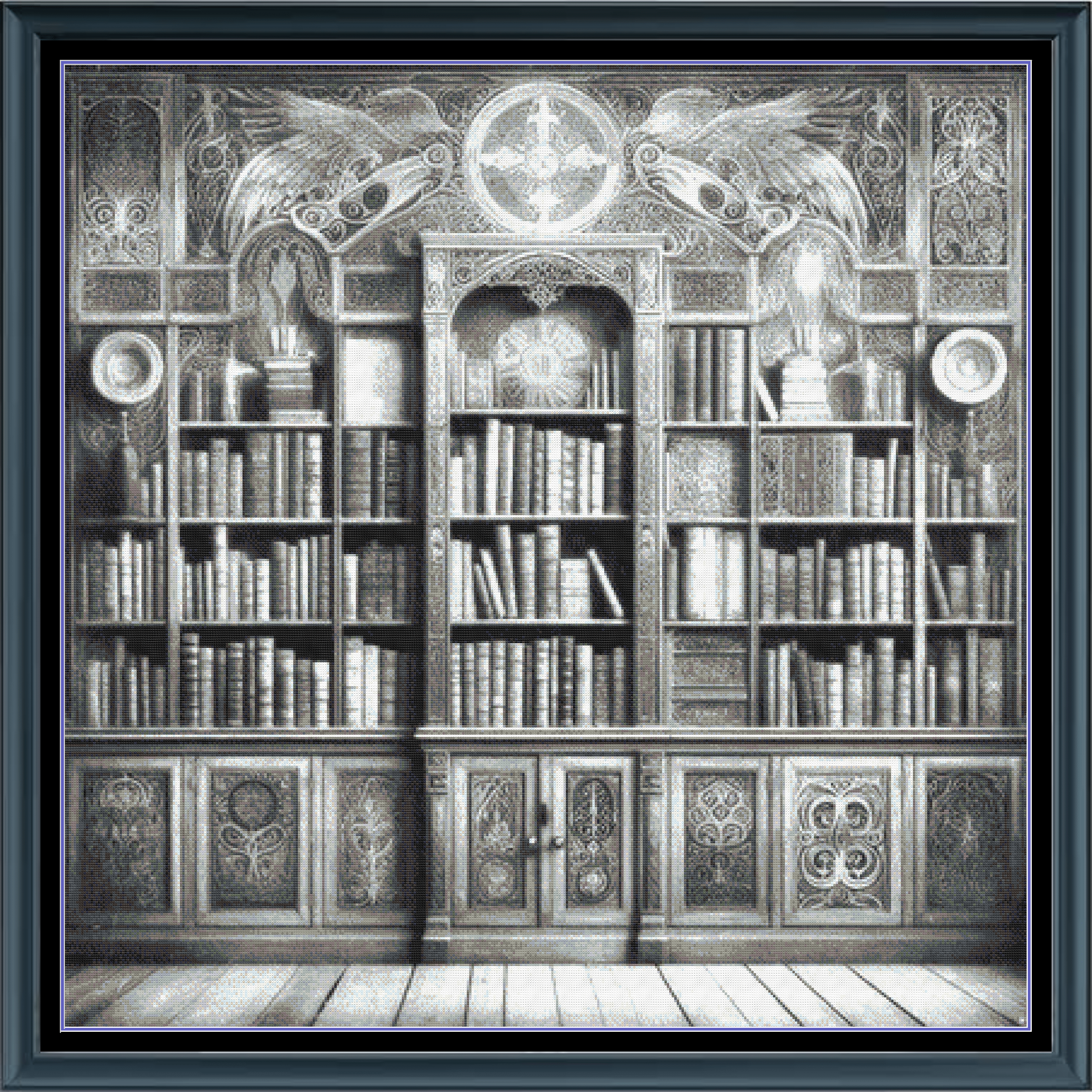 Stitching Jules Design Cross Stitch Pattern Spooky Library Vintage Greyscale Full Coverage Large Counted Cross Stitch Pattern (Digital Download)