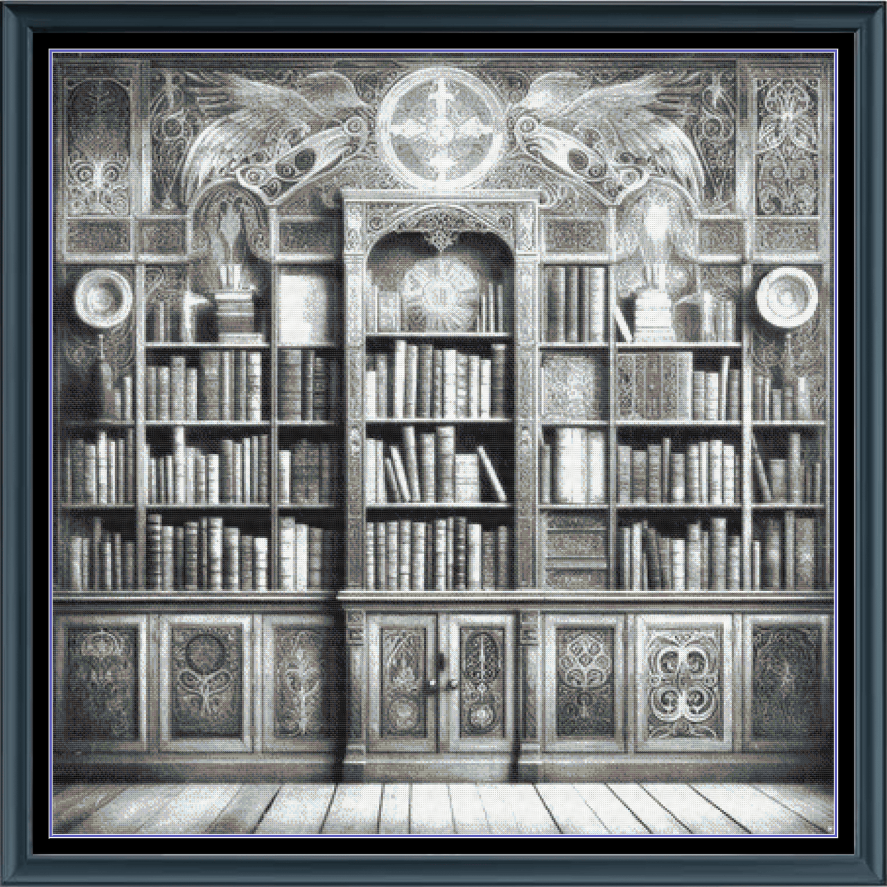 Stitching Jules Design Cross Stitch Pattern Spooky Library Vintage Greyscale Full Coverage Large Counted Cross Stitch Pattern (Digital Download)