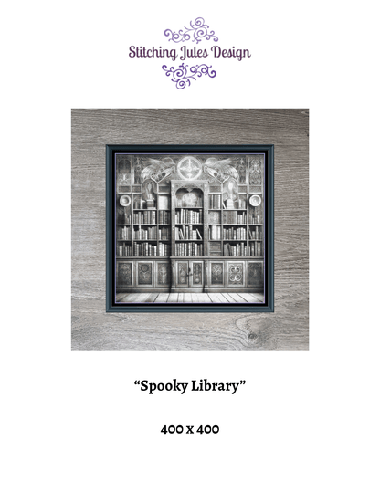 Stitching Jules Design Cross Stitch Pattern Spooky Library Vintage Greyscale Full Coverage Large Counted Cross Stitch Pattern (Digital Download)