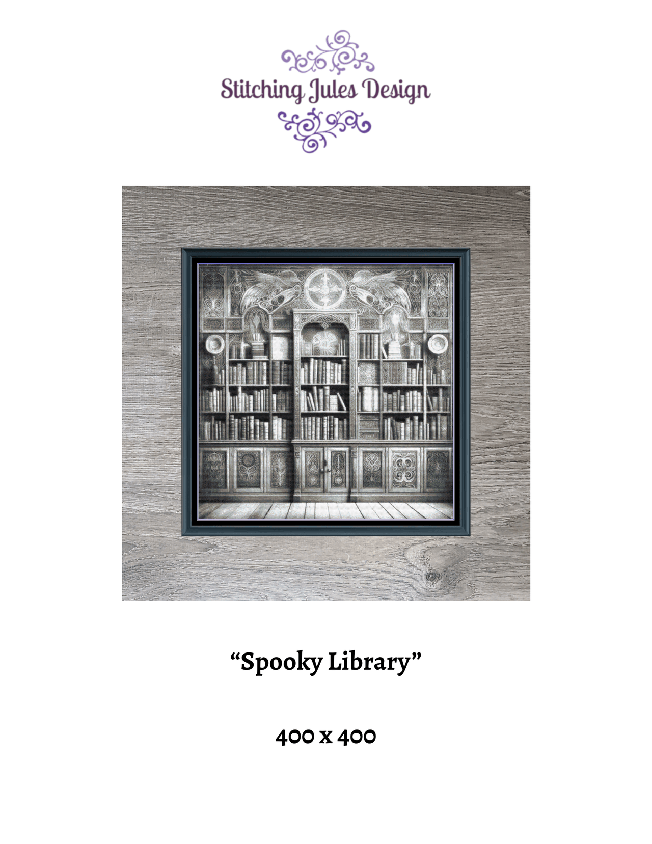 Stitching Jules Design Cross Stitch Pattern Spooky Library Vintage Greyscale Full Coverage Large Counted Cross Stitch Pattern (Digital Download)