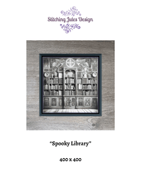 Thumbnail for Stitching Jules Design Cross Stitch Pattern Spooky Library Vintage Greyscale Full Coverage Large Counted Cross Stitch Pattern (Digital Download)