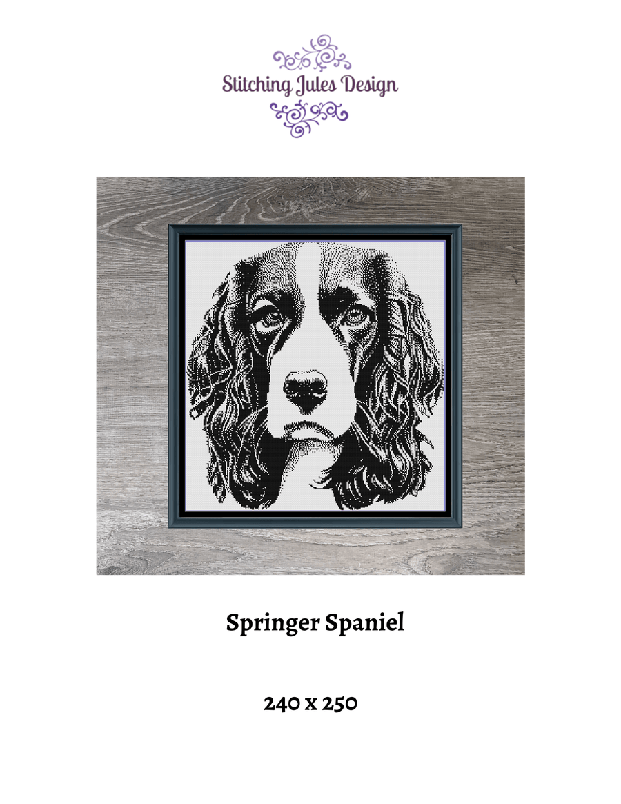 Stitching Jules Design Cross Stitch Pattern Springer Spaniel Dog Monochrome Counted Cross-Stitch Pattern | Instant Download PDF