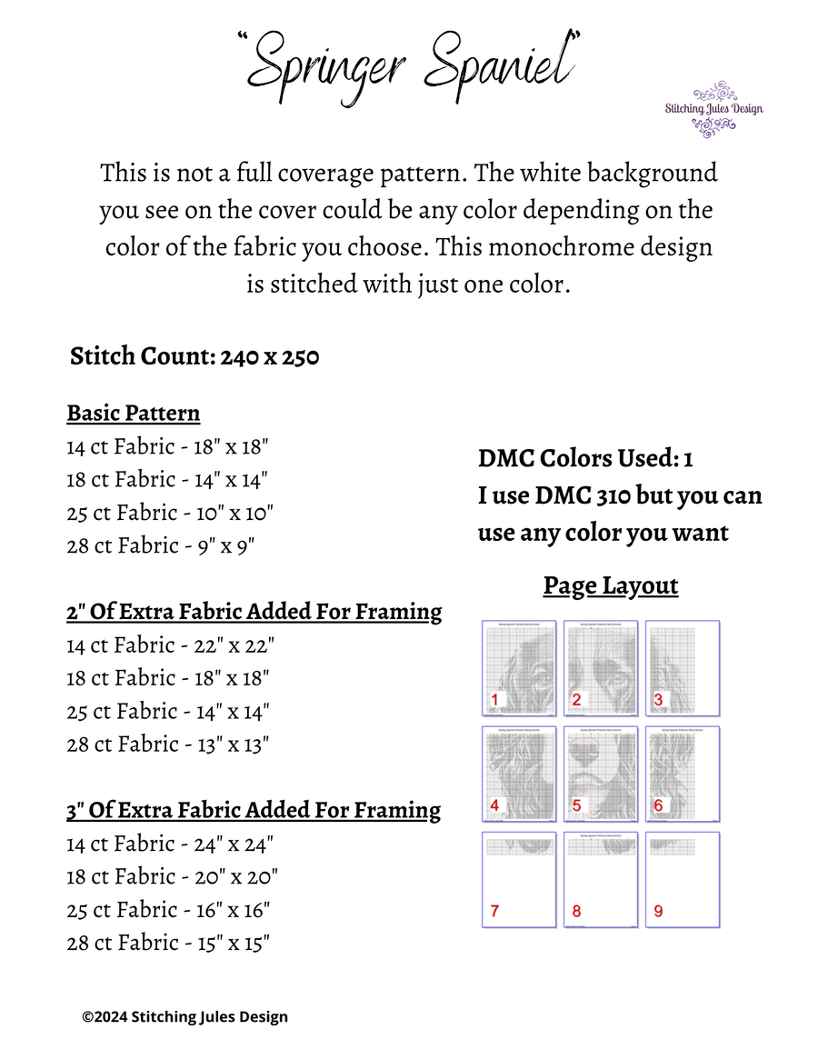 Stitching Jules Design Cross Stitch Pattern Springer Spaniel Dog Monochrome Counted Cross-Stitch Pattern | Instant Download PDF