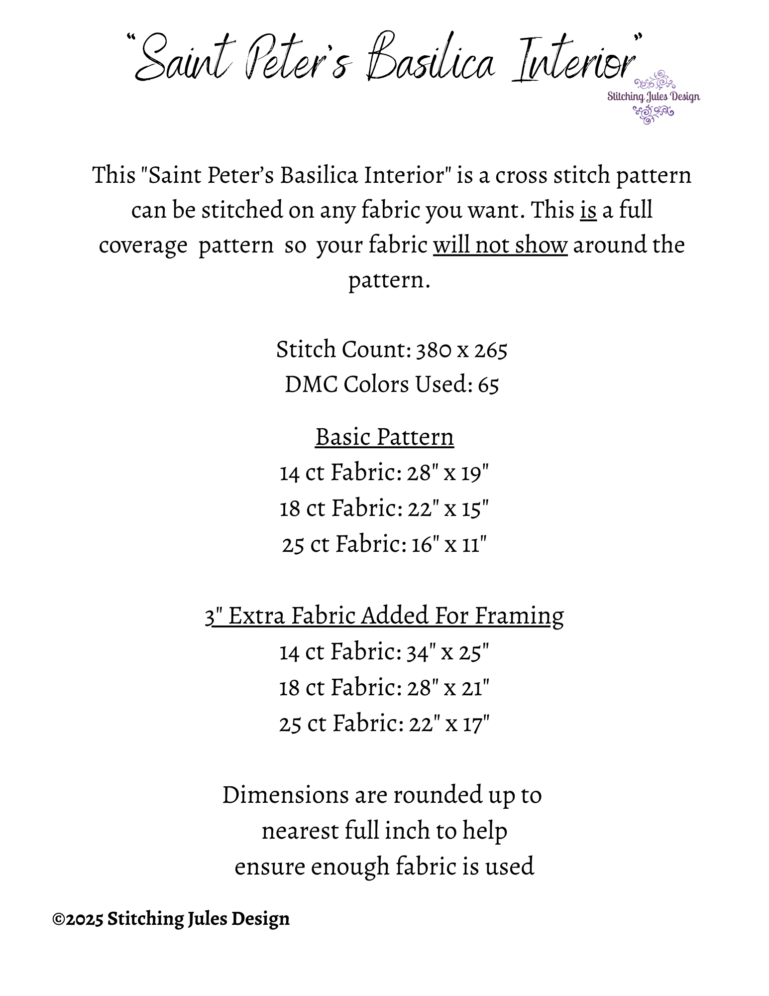 Stitching Jules Design Cross Stitch Pattern St. Peter Basilica Dome Vatican Church Large Full Coverage Counted Cross-Stitch Pattern (Digital Download)