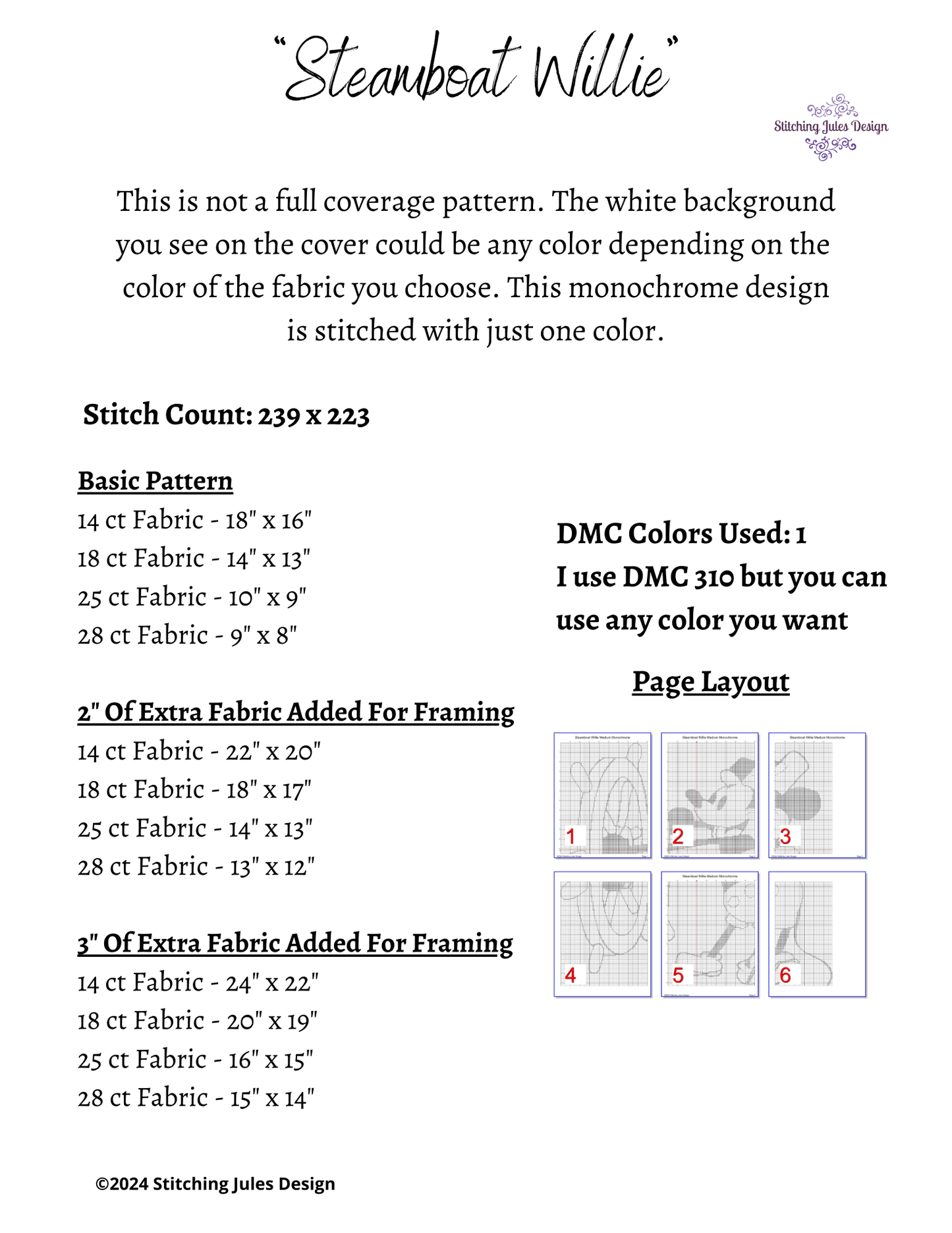 Stitching Jules Design Cross Stitch Pattern Steamboat Willie Monochrome Counted Cross-Stitch Pattern | Instant Download PDF