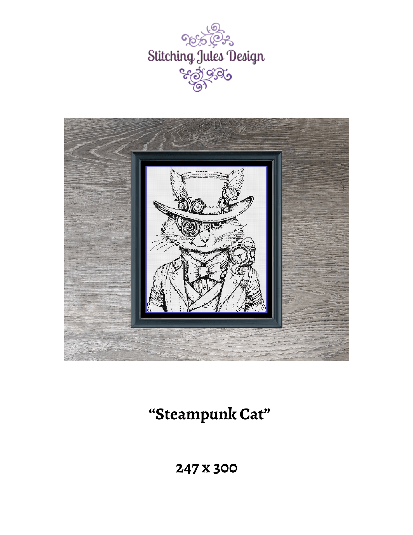 Stitching Jules Design Cross Stitch Pattern Steampunk Cat Counted Cross Stitch Pattern | Monochrome Blackwork | Instant Download PDF