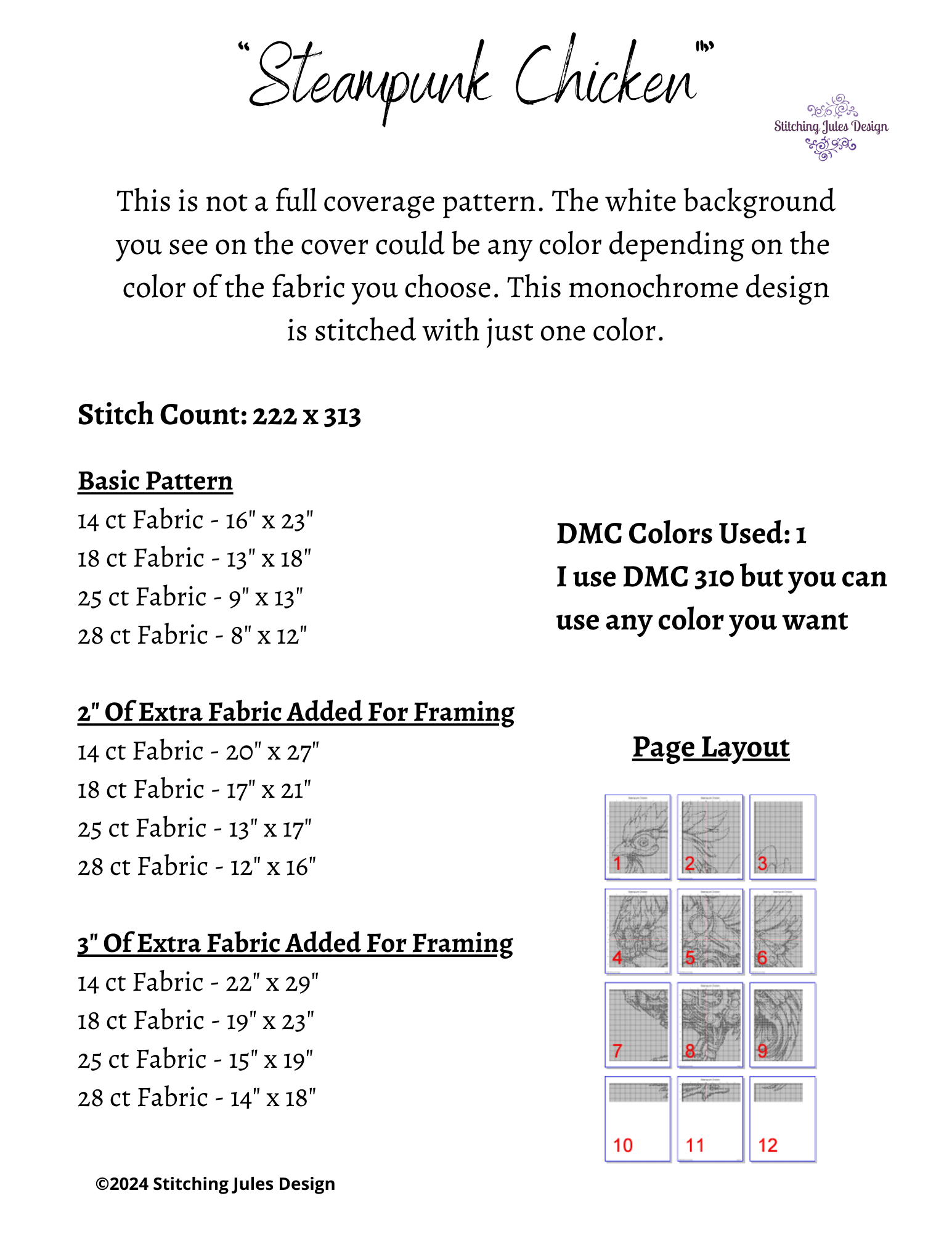 Stitching Jules Design Cross Stitch Pattern Steampunk Chicken Counted Cross Stitch Pattern | Monochrome | Instant Download PDF