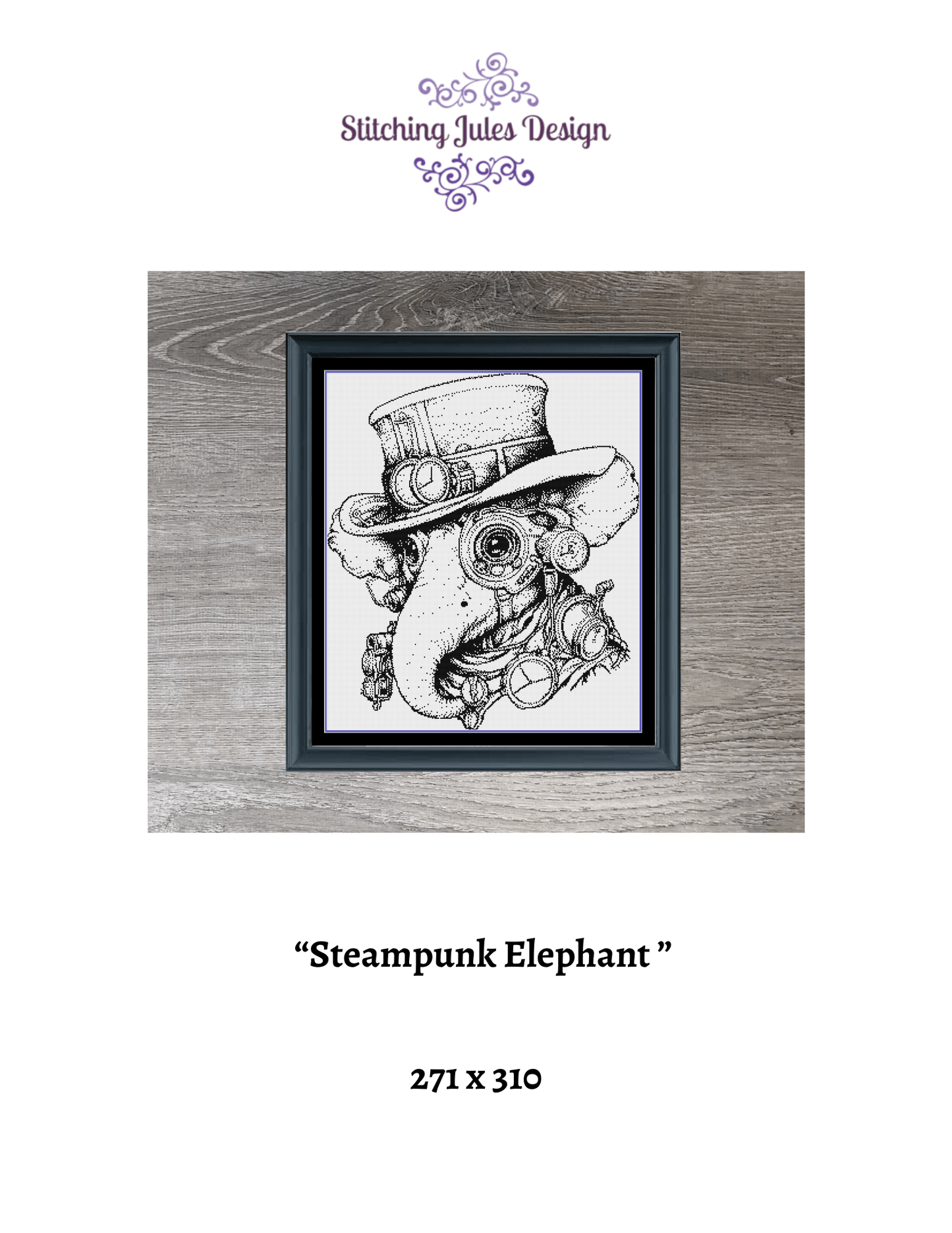 Stitching Jules Design Cross Stitch Pattern Steampunk Elephant Counted Cross Stitch Pattern | Monochrome | Instant Download PDF