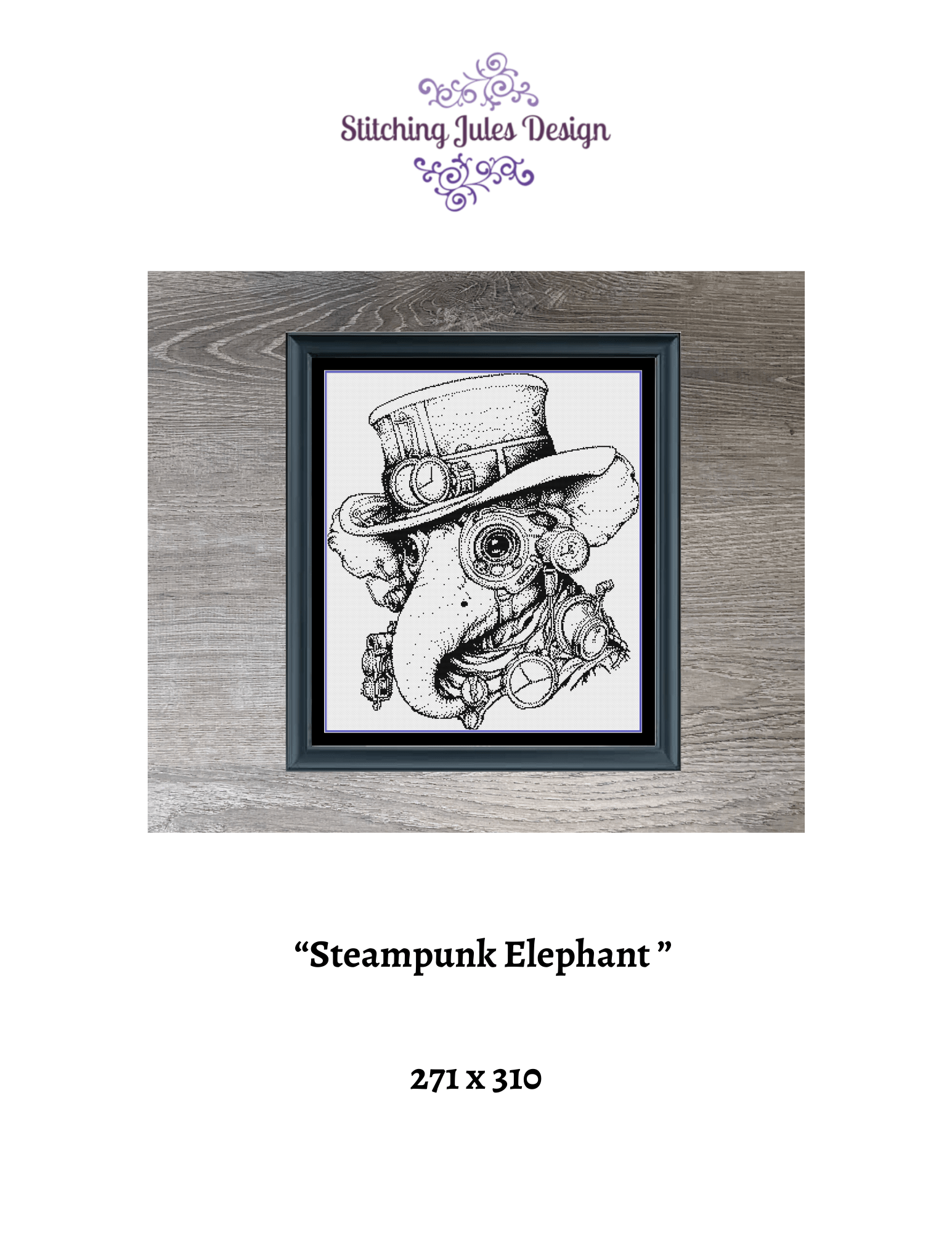 Stitching Jules Design Cross Stitch Pattern Steampunk Elephant Counted Cross Stitch Pattern | Monochrome | Instant Download PDF
